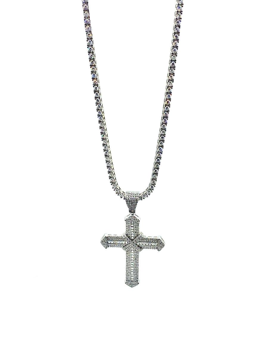 Vedere secundară Set Bărbați White Divine: Lanț Tennis și Pandantiv Cruce din Argint 925 cu Zirconiu stil Necklaces