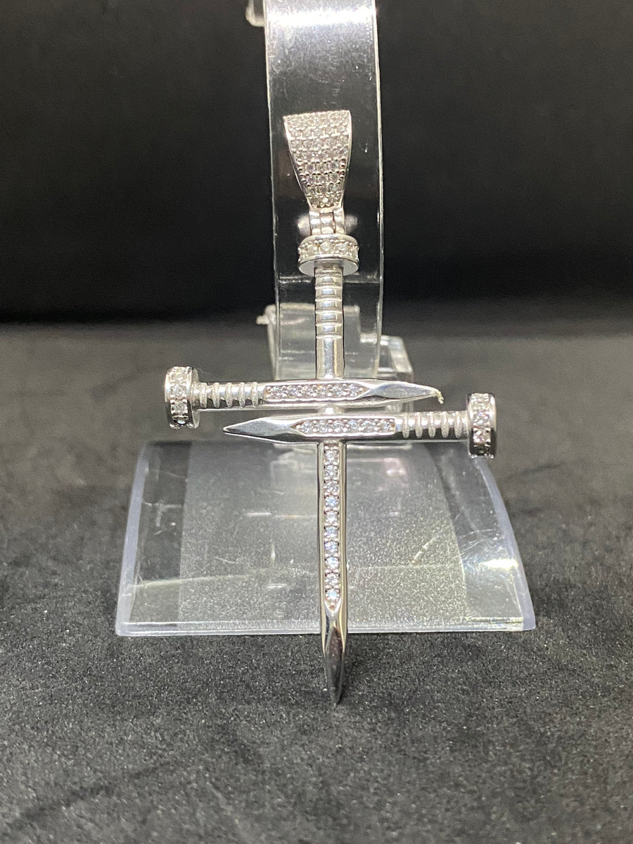 Vedere secundară Pandantiv Cruce din Argint 925 Ferros cu Zirconiu, Design Celebru tip Cui, 6 cm stil Charms & Pendants