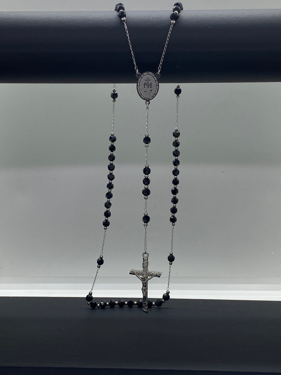 Colier tip Rozariu din Inox Argintiu cu Pietre Negre și Cruce din Argint 925 TotalModa
