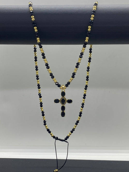 Colier Lung 70cm din Oțel Inoxidabil Auriu și Zirconiu Negru cu Pandantiv Cruce - Reglabil