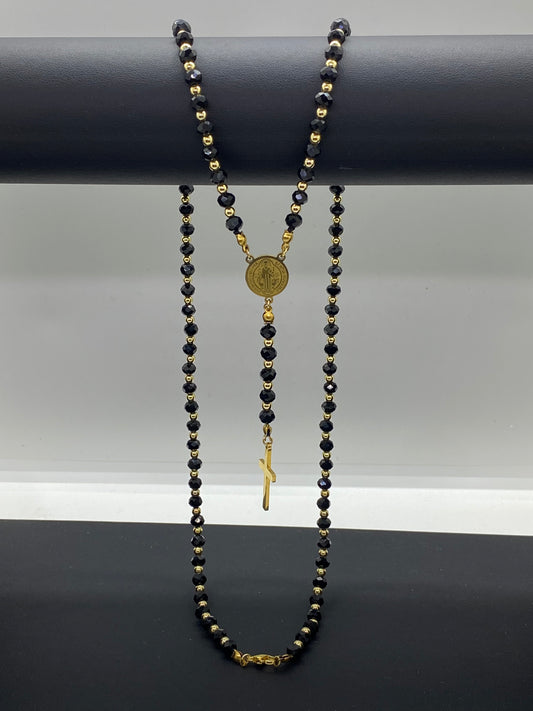 Colier Tip Rozariu Lung 80cm din Oțel Inoxidabil Auriu și Zirconiu Negru cu Medalia Sfântul Benedict