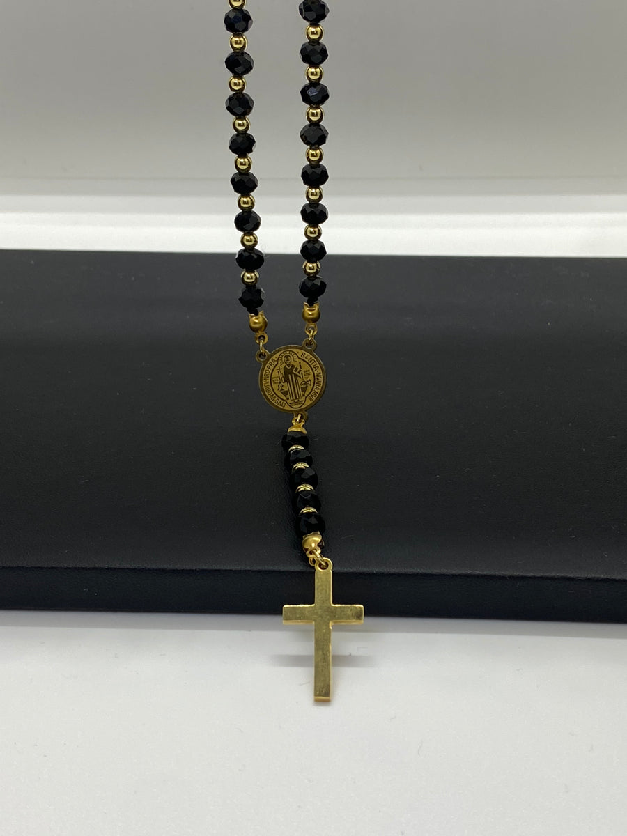 Vedere secundară Colier tip Rozariu din Inox Auriu cu Zirconiu Negru și Medalia Sfântului Benedict stil Chain