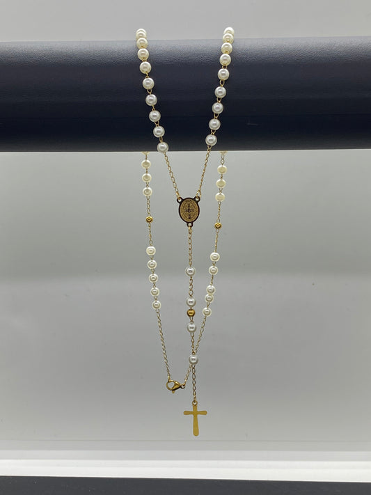 Colier Rozariu Auriu cu Perle Albe